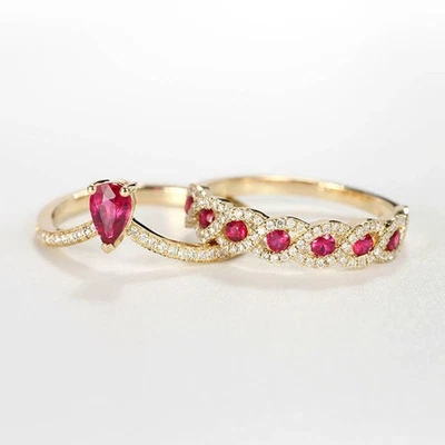 2.4ct Lab-Created Ruby Bridal Set Wedding Engagement Ring 14k Yellow Gold Plated - Image 1 of 4