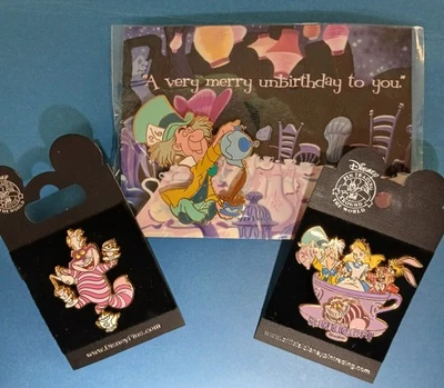 Disney N. O. S. Trading Pin Set (3) Alice in Wonderland Mad Hatter Tea Party WOW - Image 1 of 4