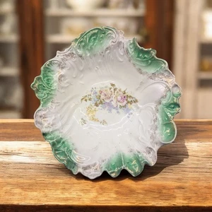 Antique Carl Tielsch CT Altwass GERMANY Ornate Ruffled Porcelain Bowl Roses - Picture 1 of 15
