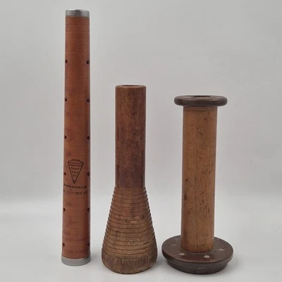 3 Antique Wooden Textile Mill Industrial Beehive Spool Bobbin Spindle Paper Tube - Image 1 of 4