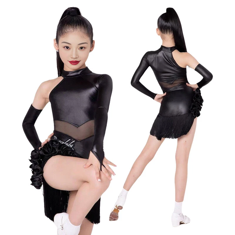 Girls Latin Jazz Modern Dance Costume One-Sleeve Fringe Skirt Competition Dress - Image 1 of 4