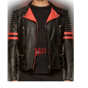 Handmade Men's Black Red Silver Studded Stripes Cowhide Biker Leather Jacket - Picture 1 of 5