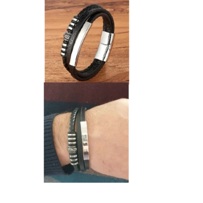 Braccialetti uomo in acciaio inox  pelle nero intrecciato nuovo regalo biker - Immagine 1 di 4