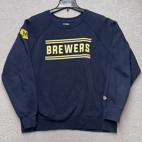Milwaukee Brewer Sweatshirt Mens Large Blue New Era Long Sleeve Rubber Logo Cover