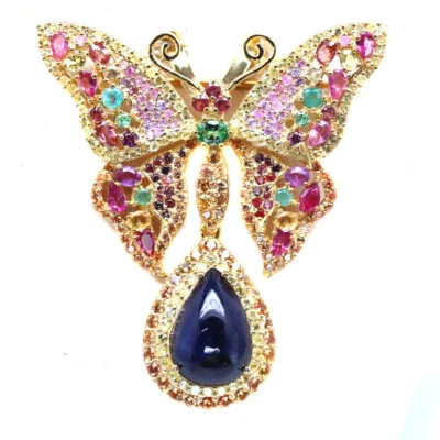 925 Silver 12 x 18 MM. Blue - Fancy Sapphire, Tourmaline, Emerald Brooch/Pendant - Image 1 of 4