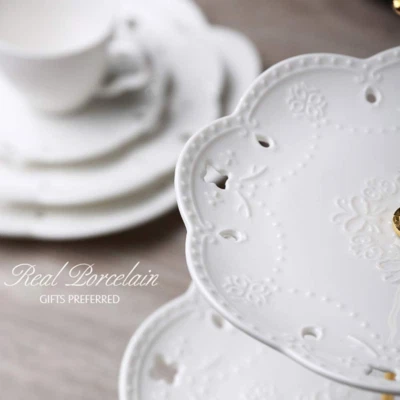 3-Tier Porcelain Cupcake Stand Serving Tray - White Embossed Elegant Dessert ... - Image 1 of 4