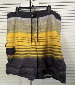 Ocean Pacific OP Yellow Gray Black Striped Mesh Lined Board Shorts Mens L 36/38 - Picture 1 of 13