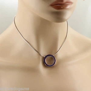 MOVADO PURPLE ENAMEL CIRCLE OF LOVE ON 1.5MM OMEGA CHAIN 16" 925 STERLING SILVER - Picture 1 of 5