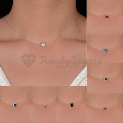 Sterling Silver Invisible Chain Gold Thin Choker Crystal Charm Pendant Necklace - Image 1 of 4