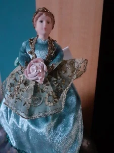CHRISTMAS TREE FAIRY DOLL TEAL BLUE GOLD WITH PORCELAIN HEAD COLLECTORS ITEM - Picture 1 of 5