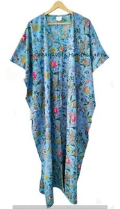 Women Long Loose Short Sleeves Floral Print Celeste Blue Free Size Caftan Maxi - Picture 1 of 5
