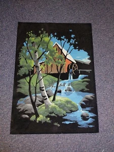 Vtg Black Velvet Paint by Number Painting Old Mill & Stream 10" x 14" Unframed - Picture 1 of 1