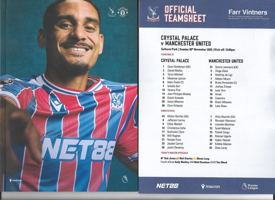 2025-2026 Premier League - CRYSTAL PALACE v. MANCHESTER UNITED (+ teamsheet) - Image 1 of 1