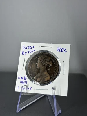 Moeda de 1 centavo Grã-Bretanha 1862 – Queen Victoria Bun Head – Bronze KM#749 - Imagem 1 de 2