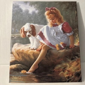 Leinwandbild von Bolivar Q - Mädchen mit Hund am Wasser, romantischer Stil 19x16" - Bild 1 von 8