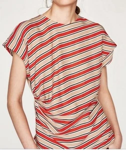 Zara Women's Studio Striped Ruched Asymmetrical Short Sleeve Blouse Size Medium - Picture 1 of 13