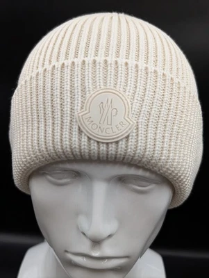 Moncler Cream Logo Beanie Hat One Size New with Tags