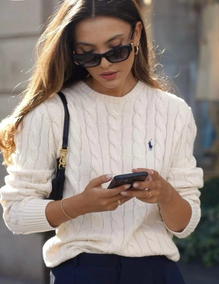  Suéter Polo Ralph Lauren Para Mujer Mediano Tejido con Cable Algodón Cuello Redondo Blanco Foto 1 de 4