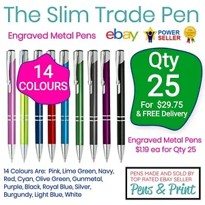 25 Personalised Engraved Metal Slim Trade Small Business Corporate Wedding Pen - Picture 1 of 5