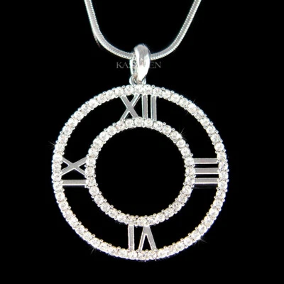 Groß Römische Zahlen Uhr Gesicht ~ Rund Kreis mit Swarovski Kristall Halskette - Bild 1 von 4