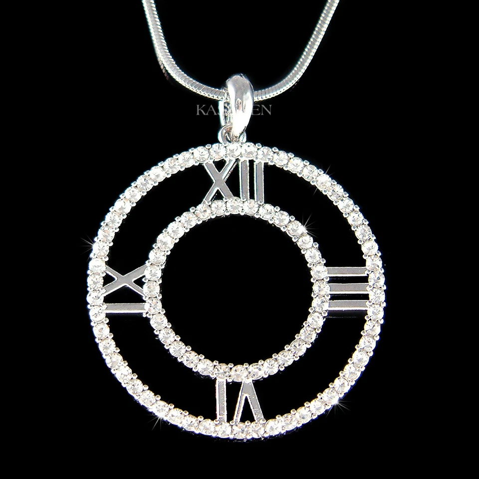Groß Römische Zahlen Uhr Gesicht ~ Rund Kreis mit Swarovski Kristall Halskette - Bild 1 von 4