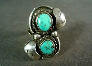 Old Unsigned Sterling Silver Handmade Ring, 2 Turquoise Cabochons, 8.7g, Sz 6.5 - Picture 1 of 9