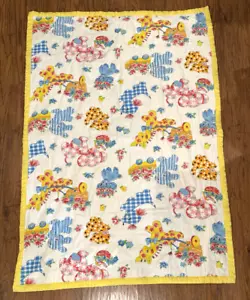 Vintage Crib Blanket Cute Animal Print 39 x 55 Yellow, Pink, Blue SEE DESCRIP. - Picture 1 of 10