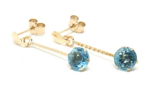 9ct Gold Swiss Blue Topaz round Drop Earrings Made in UK Gift Boxed - Picture 1 of 6