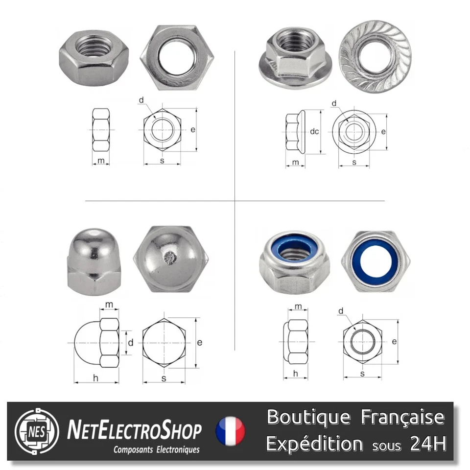 Ecrous Hexagonaux Inox A2, HU, Crantées, Freins, Borgnes, M2 M2.5 M3 M4 M5 M6 M8 - Bild 1 von 1