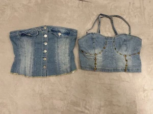 Forever 21 Women's Corset Style Denim Ribbed Button Up Jean Top Size OX & 1X - Picture 1 of 15