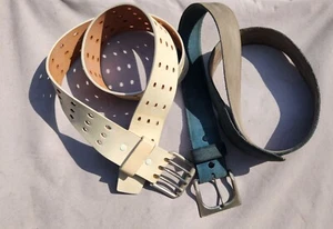 2 VINTAGE LEATHER Buckle BELT SUEDE BLUE WHITE HIPPIE BOHO SOHO NYC EASY RIDER - Picture 1 of 10