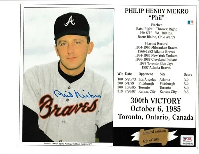 PHIL NIEKRO SIGNED 8X10 PHOTO FILE 300 VICTORY STATS LIMITED EDITION 129 300 PSA - Image 1 of 4