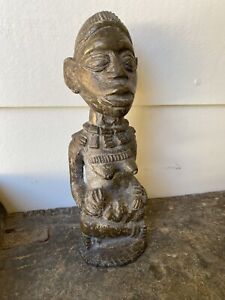 Old African Solid Bronze Statue Female With Child Fertility