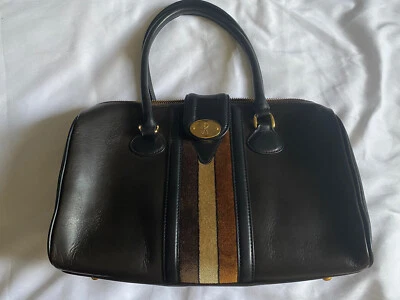 ROBERTA DI CAMERINO Black Leather and brown tricolor velvet stripe satchel 1960s - Image 1 of 4