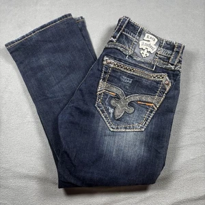 Pantalones de mezclilla rectos Rock Revival Calix para hombre 34 azul lavado oscuro desgastado bordado - Imagen 1 de 17