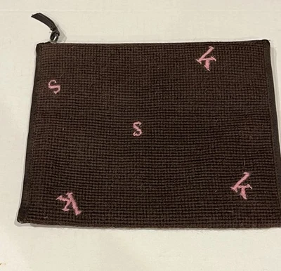 Kate Spade вышивка первоначальный коричневый розовый косметический мешок сумка чехол винтажный - Изображение 1 из 4