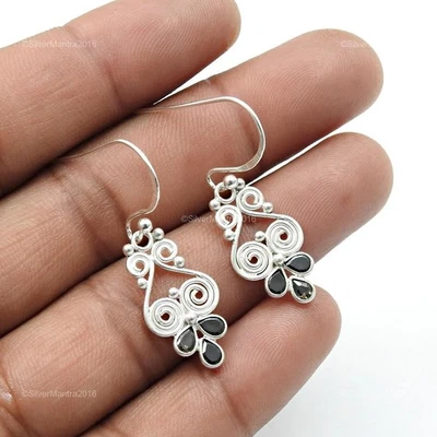 Naturale Zirconi Cubici Neri Argento Massiccio Dicembre Pendenti Bezel Orecchini - Immagine 1 di 4