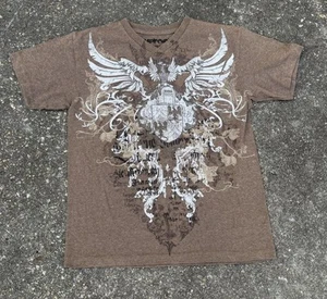 VTG Y2K T-Shirt Youth Sz M Brown Crest Wings “Afliction Style” V-Neck All Over - Picture 1 of 5