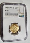 1895A France Beautiful Gold Coin 20 Francs NGC MS62 Stunning Coin!