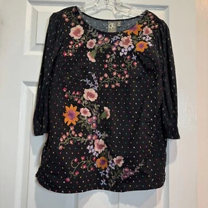 Anthropologie One September Tunic Top Shirt Size M Black Embroidered Floral Boho - Picture 1 of 17