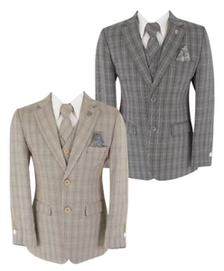 Boys Plaid Check Suit Formal Pageboy Wedding Prom Tailored Fit 5 Piece Retro Set - Picture 1 of 23
