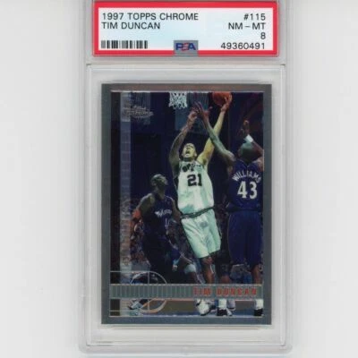 Graded 1997-98 Topps Chrome TIM DUNCAN #115 Rookie RC Basketball Card PSA 8 - Image 1 of 2