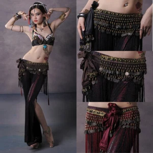 Sciarpa donna danza del ventre anca frange monete fascia cintura tribale costumi danza - Foto 1 di 12