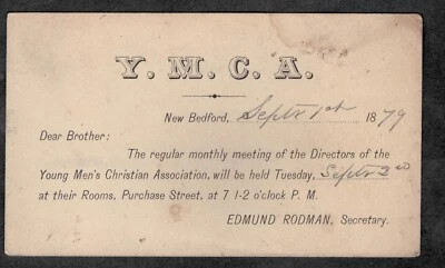 1879, #UX5, Post Card. for YMCA directors meeting. - Image 1 of 2