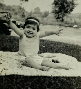 Cute Baby With Ribbon In Hair Arms Up B&W Photograph 2.75 x 4.5 - Picture 1 of 3
