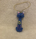 Hand Painted Ceramic FIGURAL BLUE CAT Christmas Ornament w/Floral Motif - New