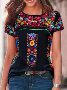 Camiseta Mujer Estampado Floral Negro Manga Corta Cuello Redondo Boho Mexicana - Picture 1 of 3
