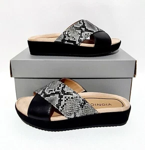 VIONIC HAYDEN SNAKE BLACK LEATHER SANDALS ORTHOTIC WIDE FIT RRP £80 SLIDER - Picture 1 of 6