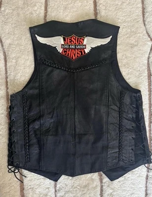 Hot Leathers Black Leather Religious Jesus Motorcycle Vest Moto Biker - Image 1 of 4