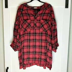 Intimately By Free People Red Plaid Tunic Oversized Medium Cottagecore Country - Picture 1 of 8
